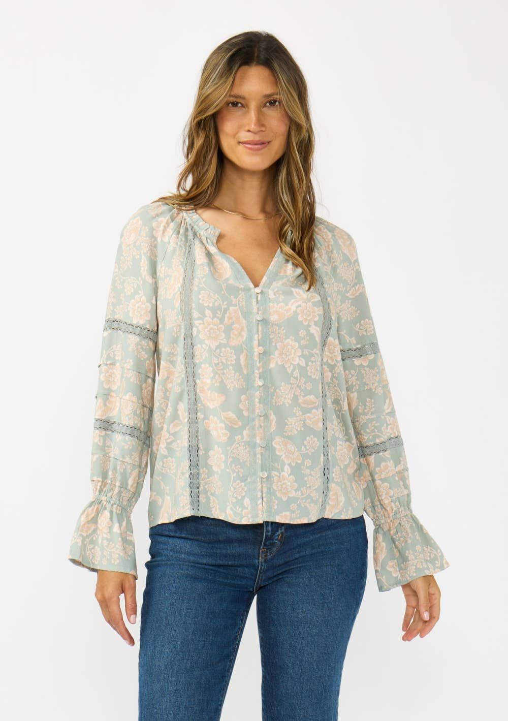 Button Front Blouse with Lace Trim