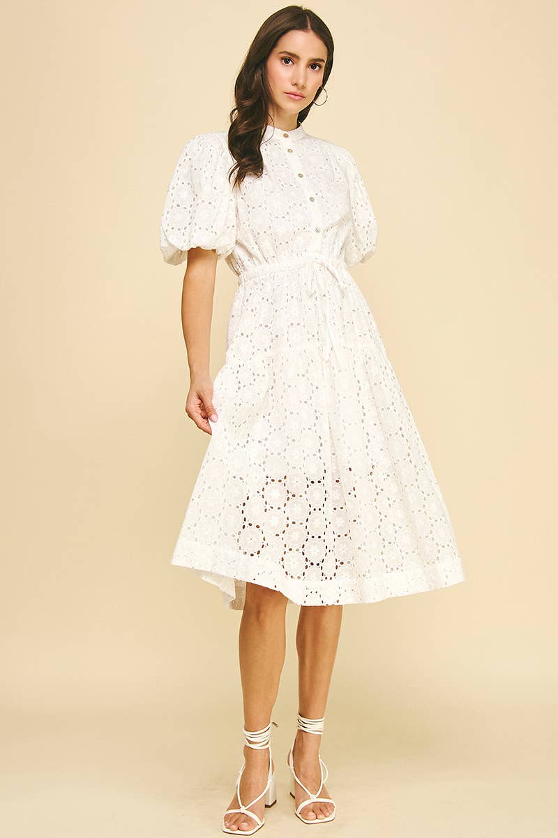 EYELET EMBROIDERED MIDI DRESS