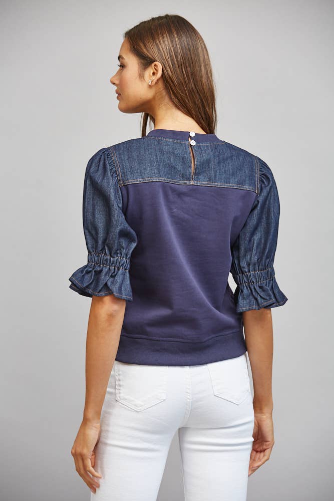 DENIM PUFF SLEEVE SWEATSHIRT