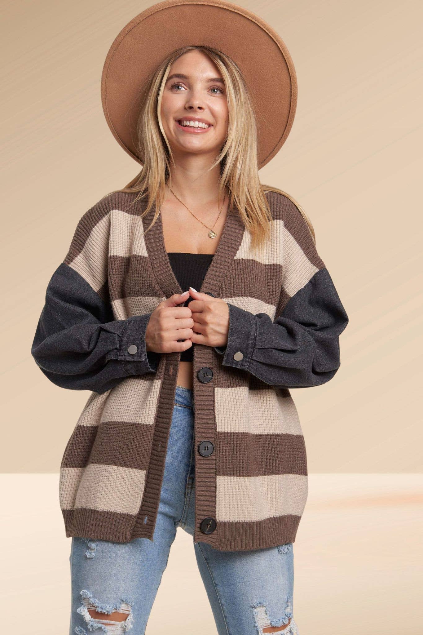 DENIM SLEEVE STRIPE CARDIGAN