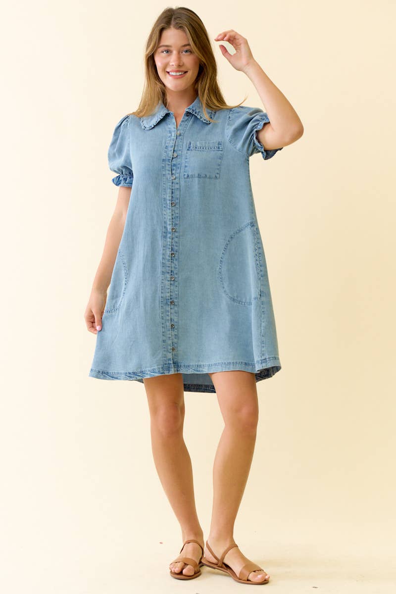DENIM RUFFLE DETAIL MINI DRESS