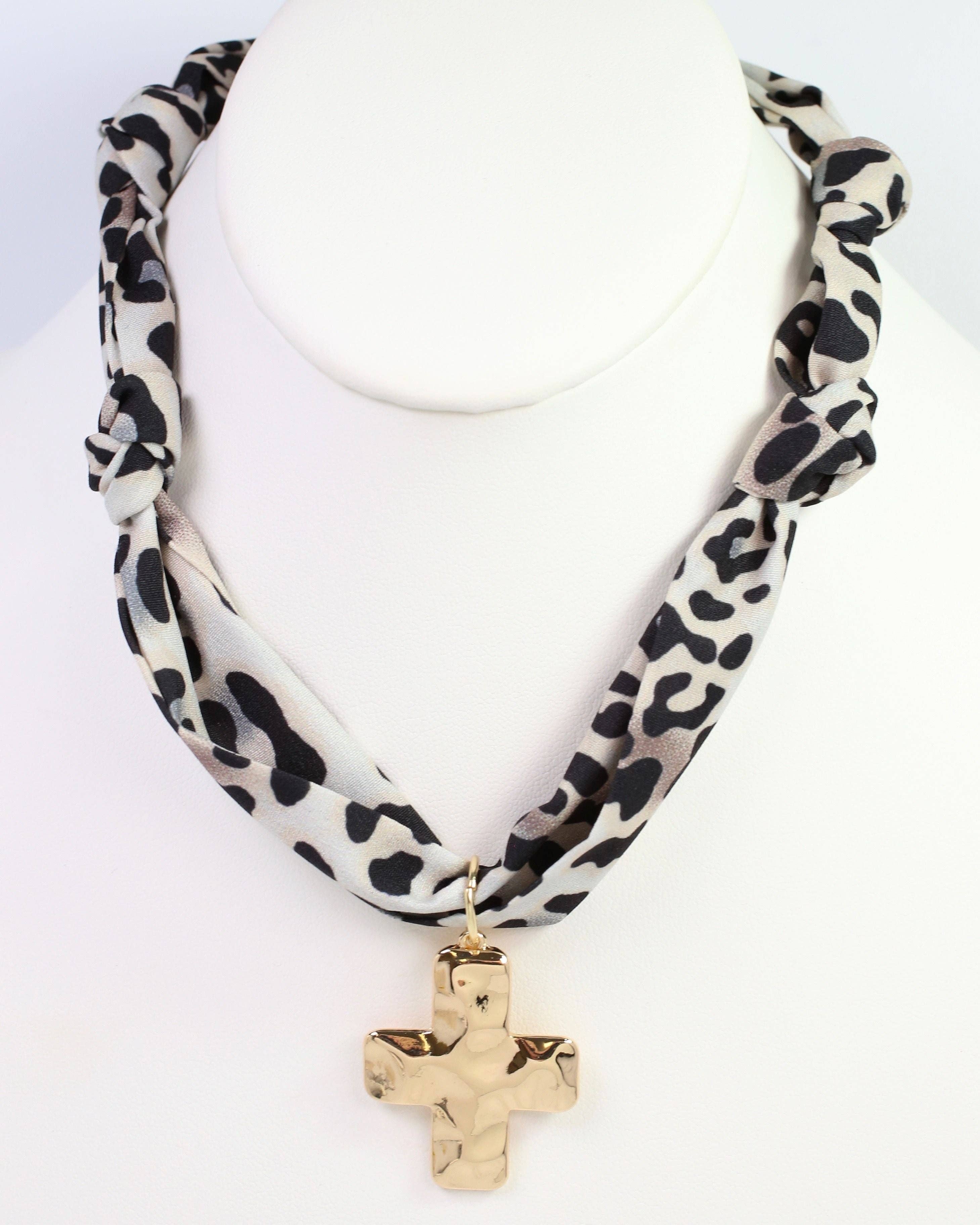 Elmhurst Cross Charm Scarf Necklace Taupe Leopard