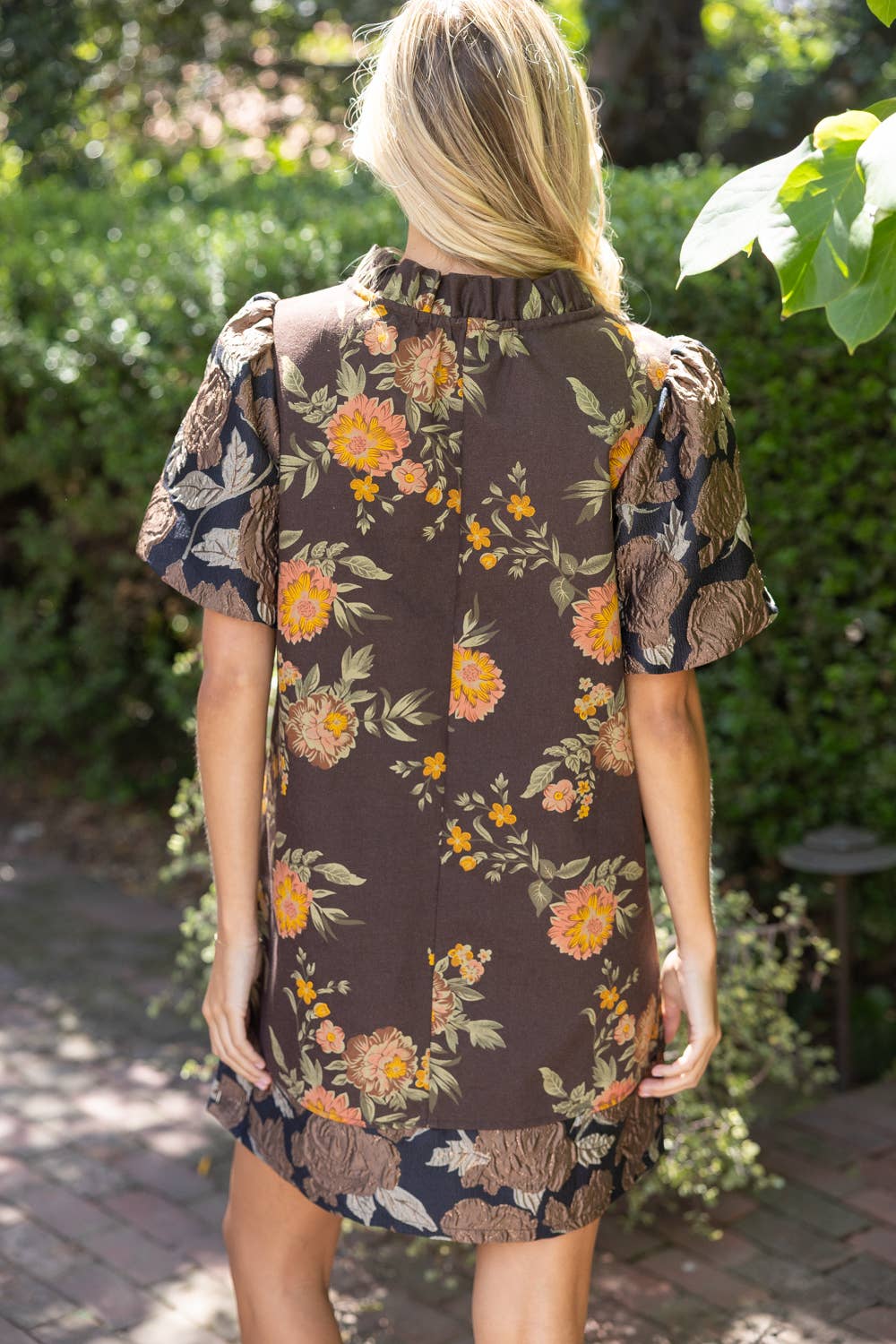 37060 Floral Jacquard Bubble Sleeve Ruffle V-Neck Dress