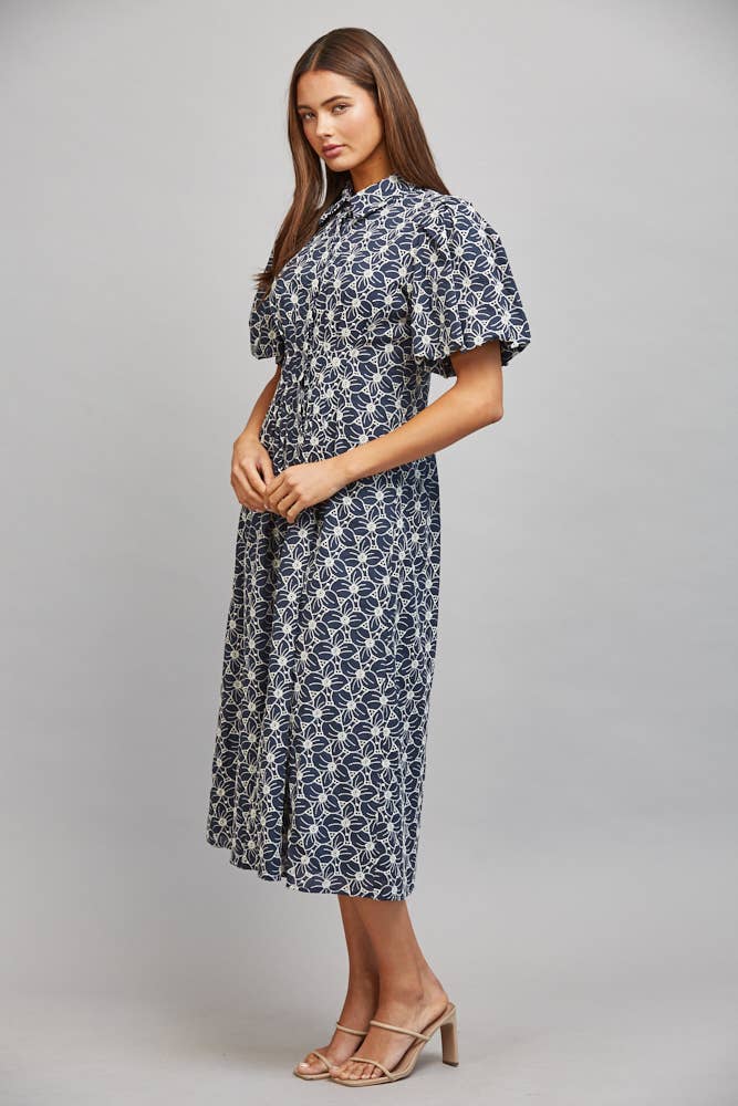 FLORAL EYELET MIDI DRESS