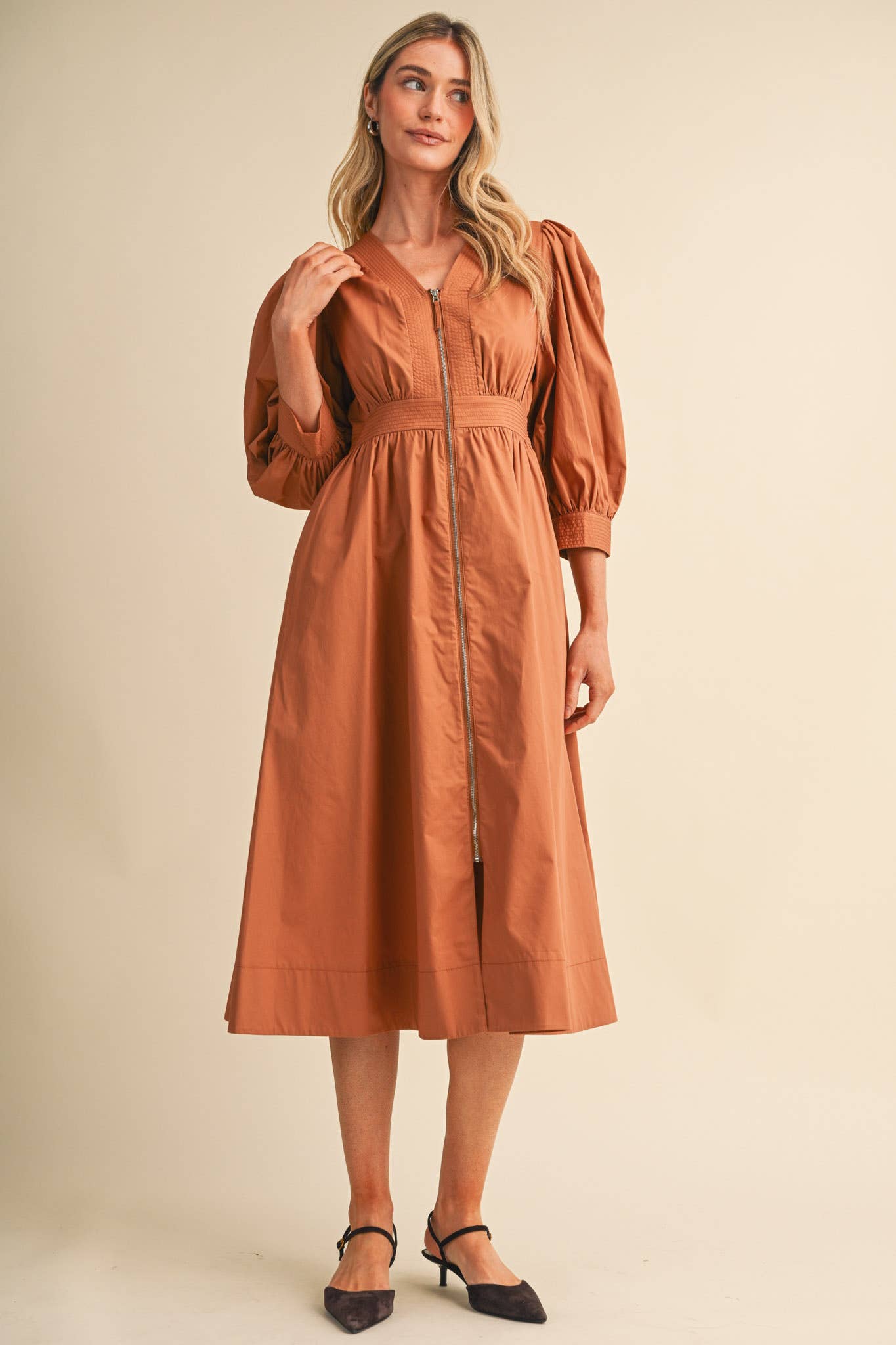 PUFF SLEEVE MIDI DRESS