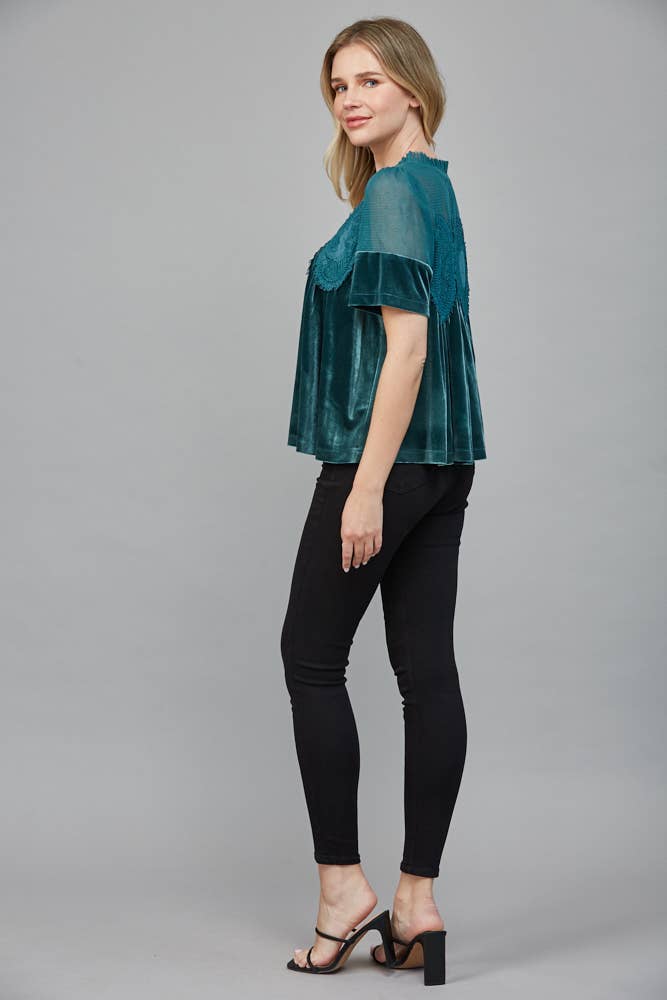 LACE DETAIL VELVET BABYDOLL TOP