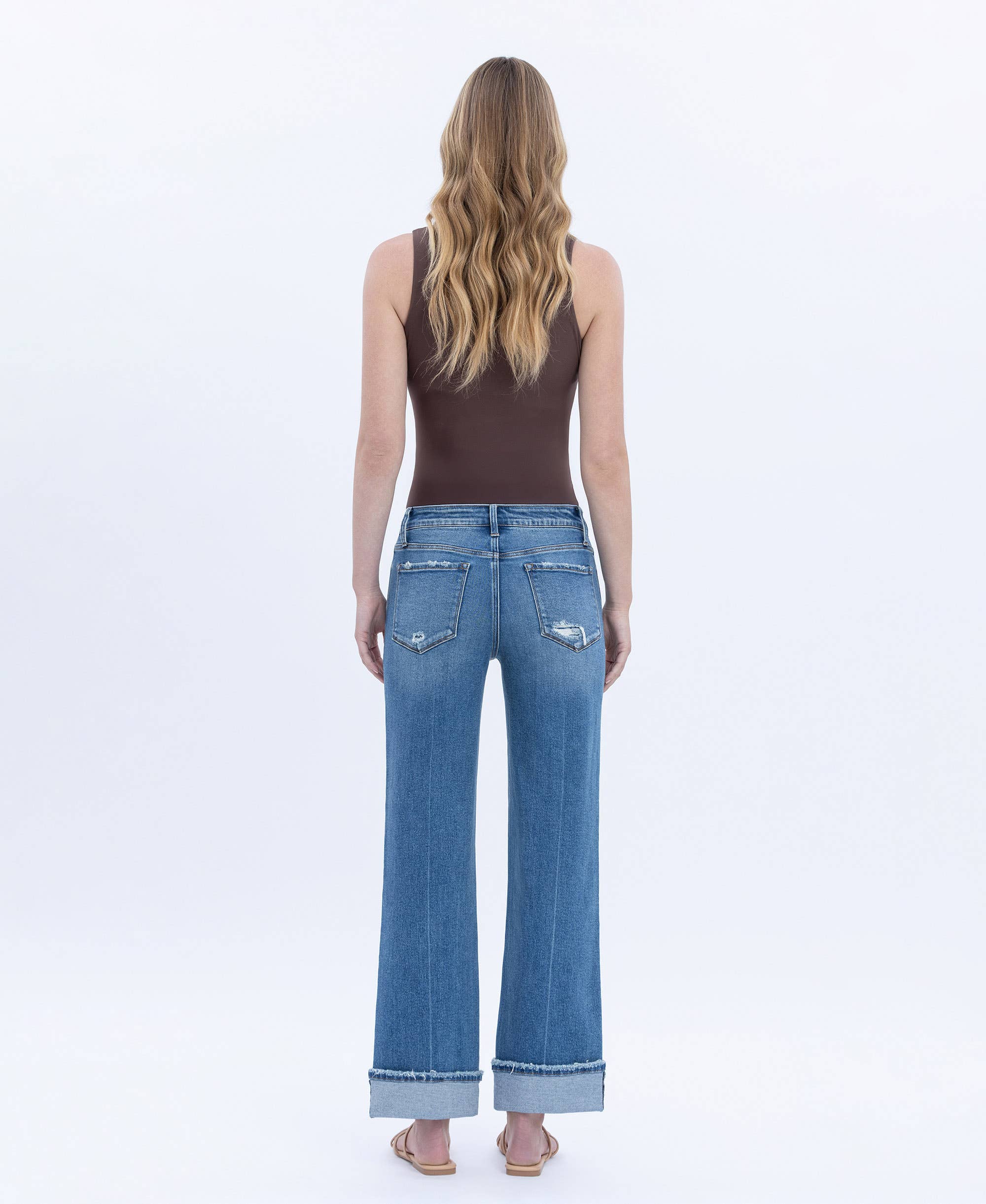 MID RISE CUFFED ANKLE SLIM WIDE JEANS