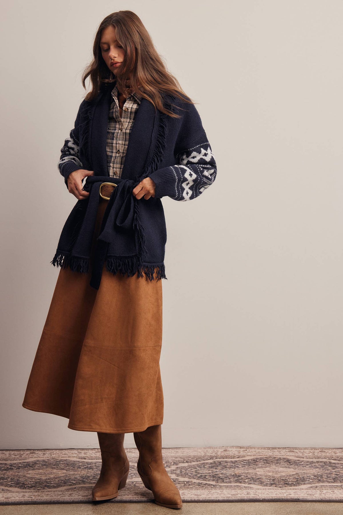 Fringe Trim Belted Western Cardigan