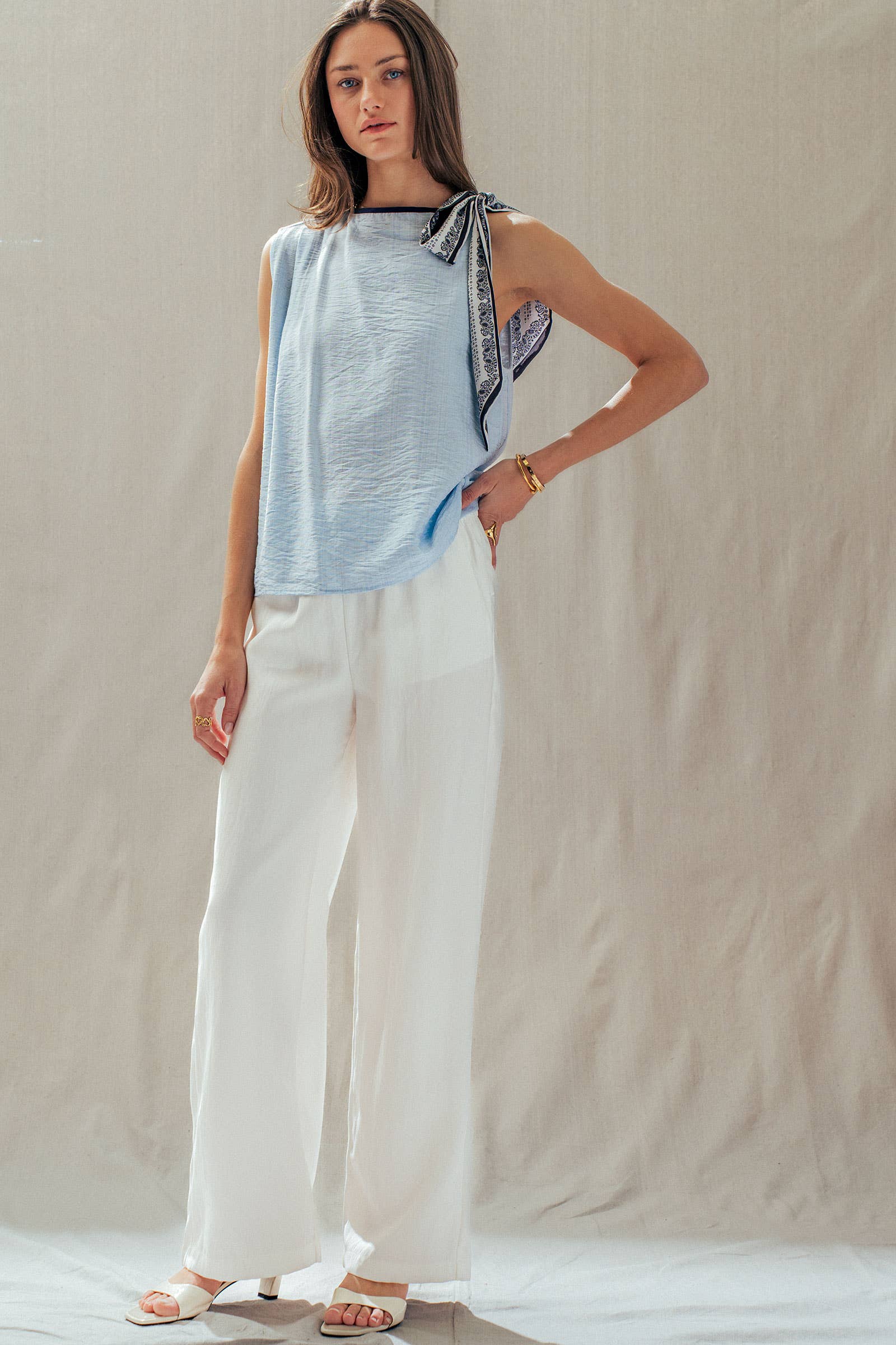 Paisley Scarf Tie Shoulder Linen Blend Top