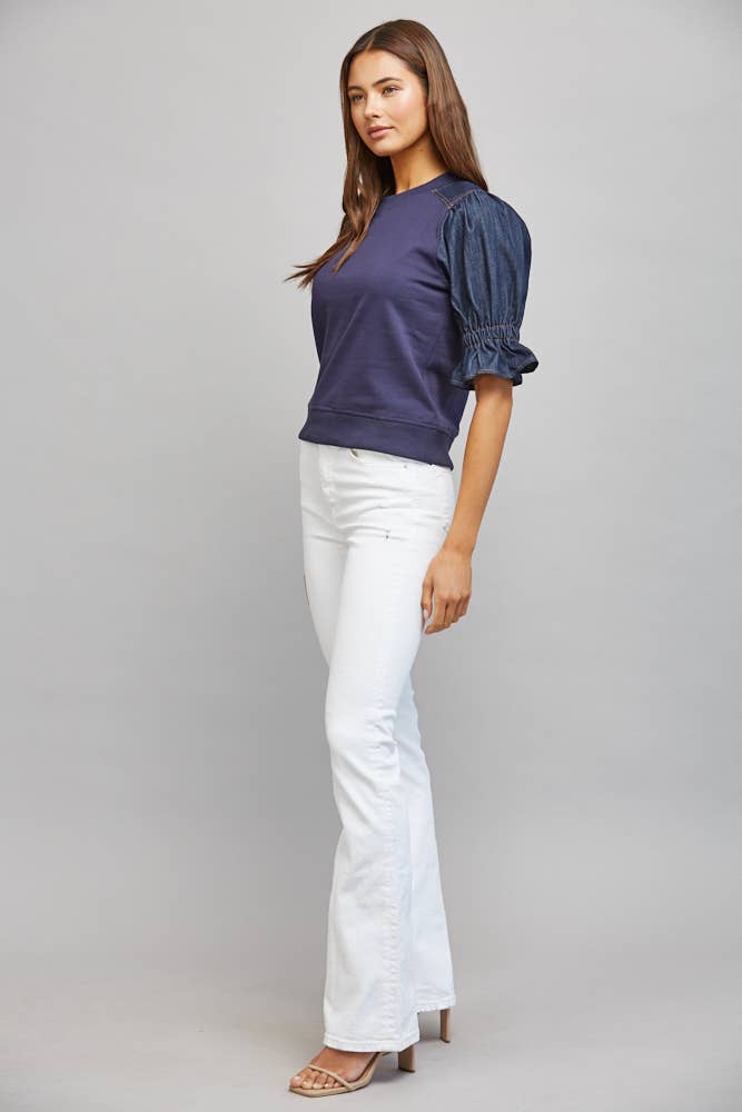 DENIM PUFF SLEEVE SWEATSHIRT