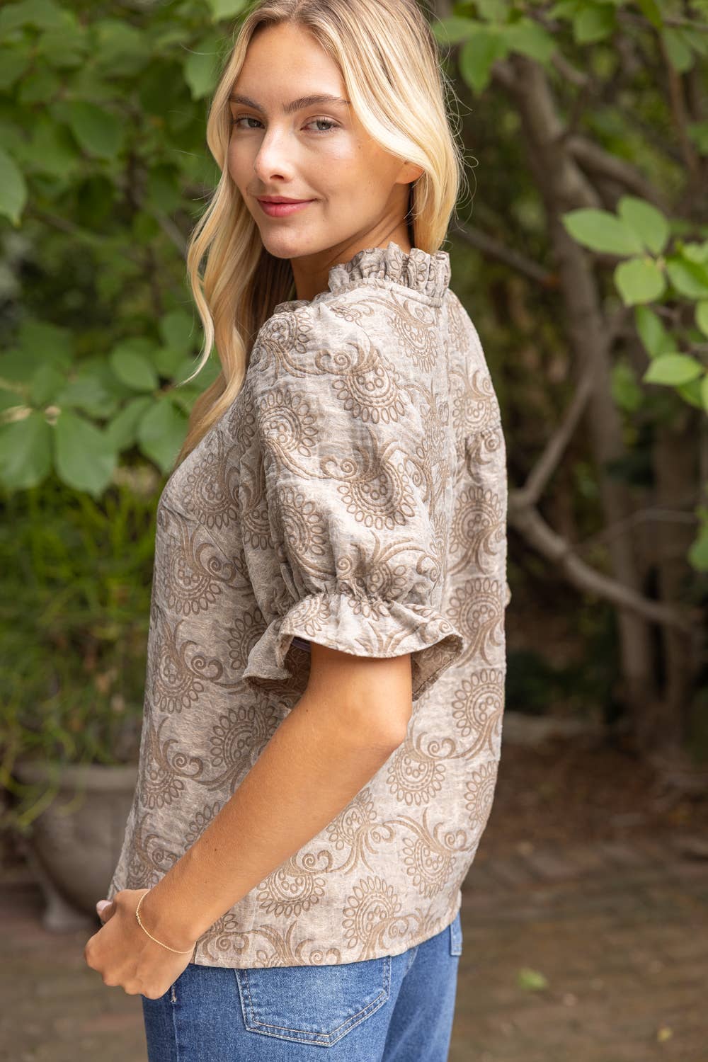 37114 Ruffled V-Neck Abstract Jacquard Organza Top
