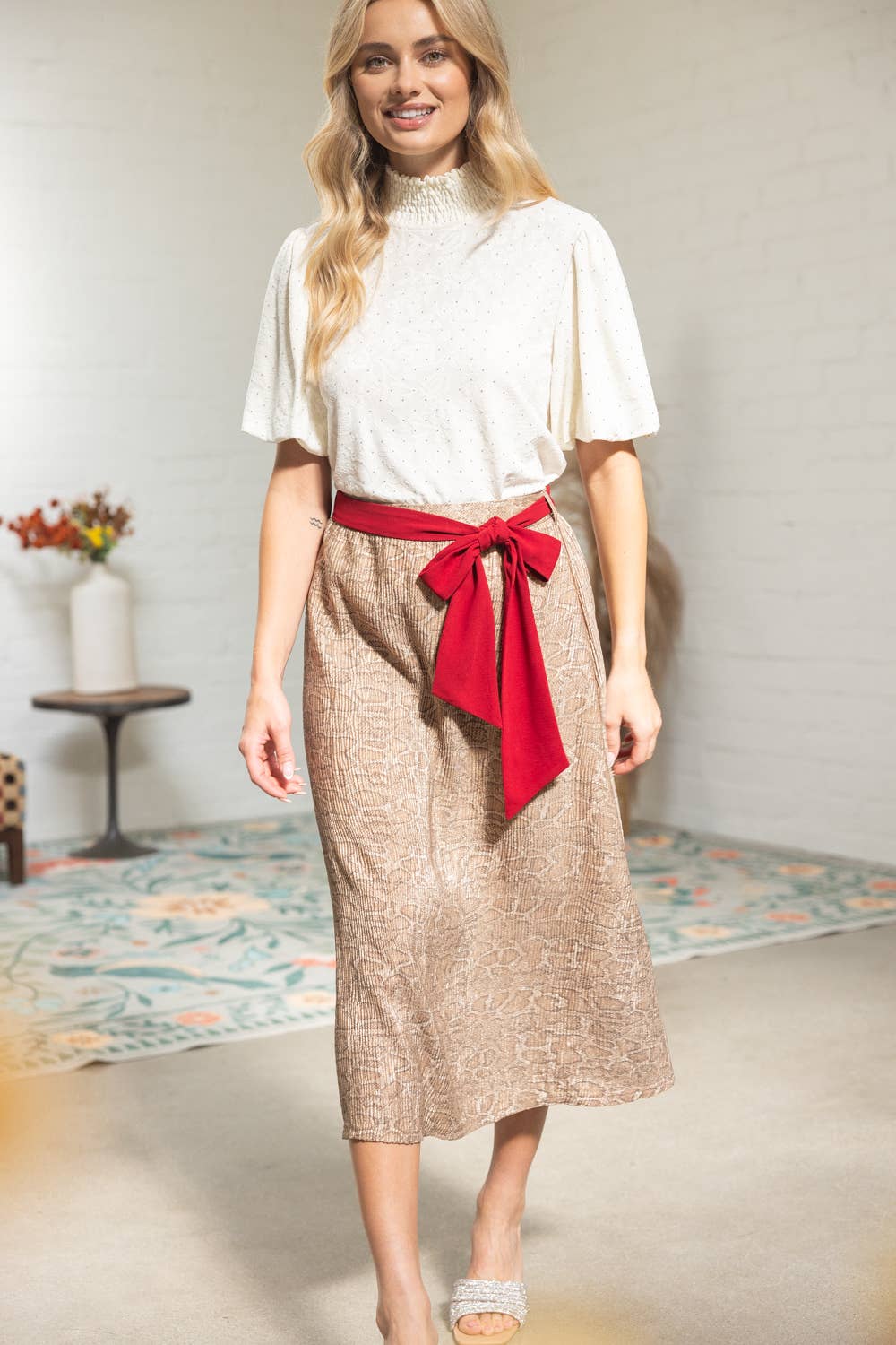 Red Belt Animal Print Midi Skirt