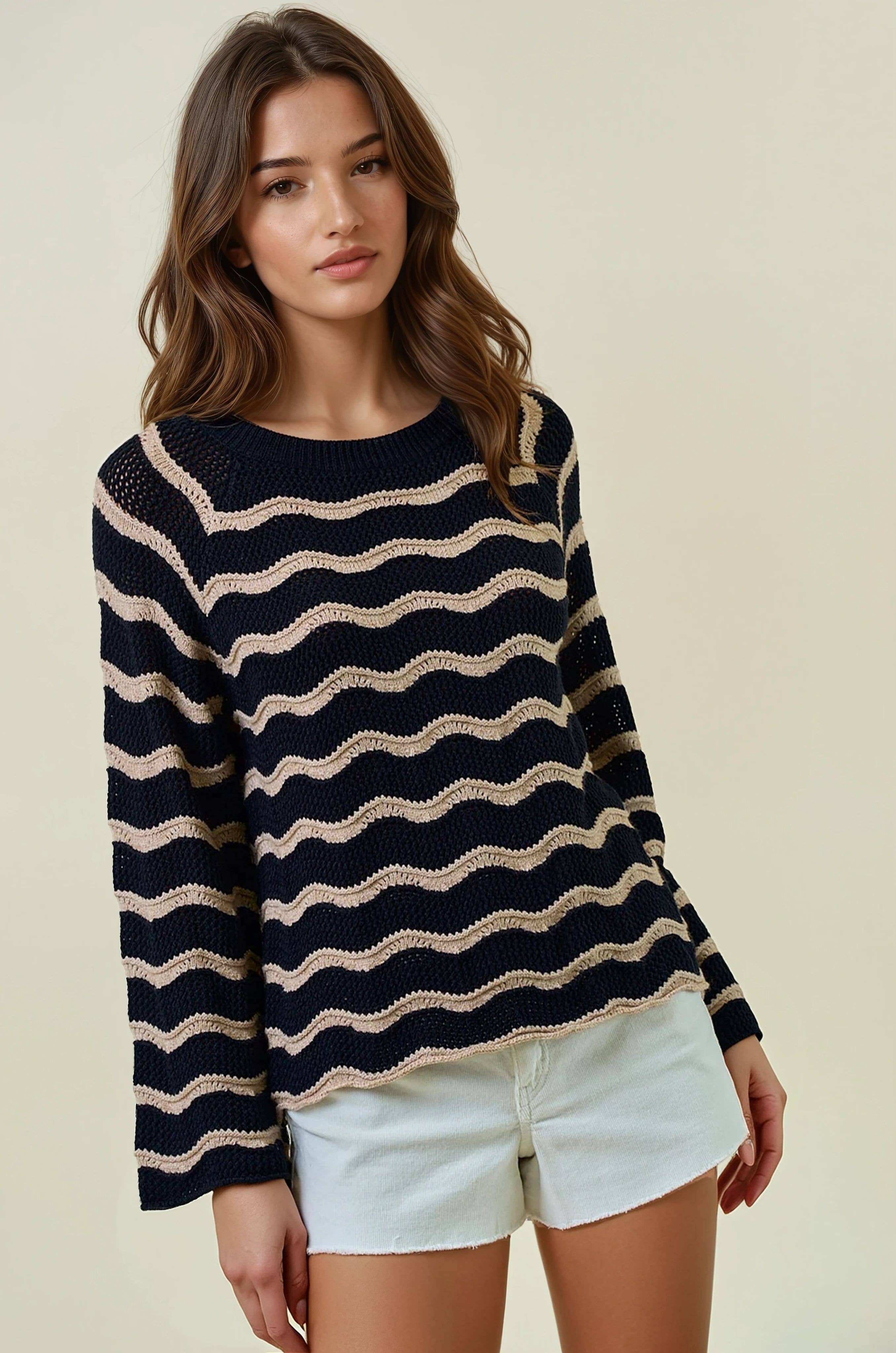 STRIPED POINTELLE BELL SLEEVE SWEATER TOP