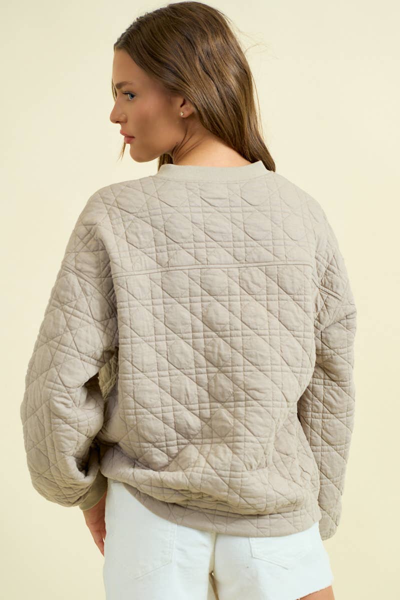 QUILTED BUTTON FRONT SWEATSHIRT