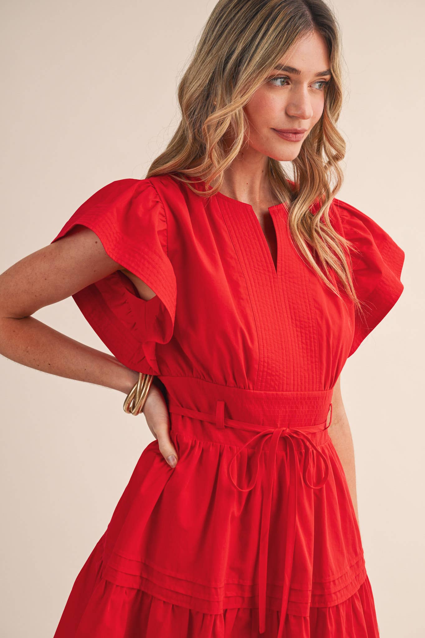EMBROIDERED PIN TUCK MINI DRESS