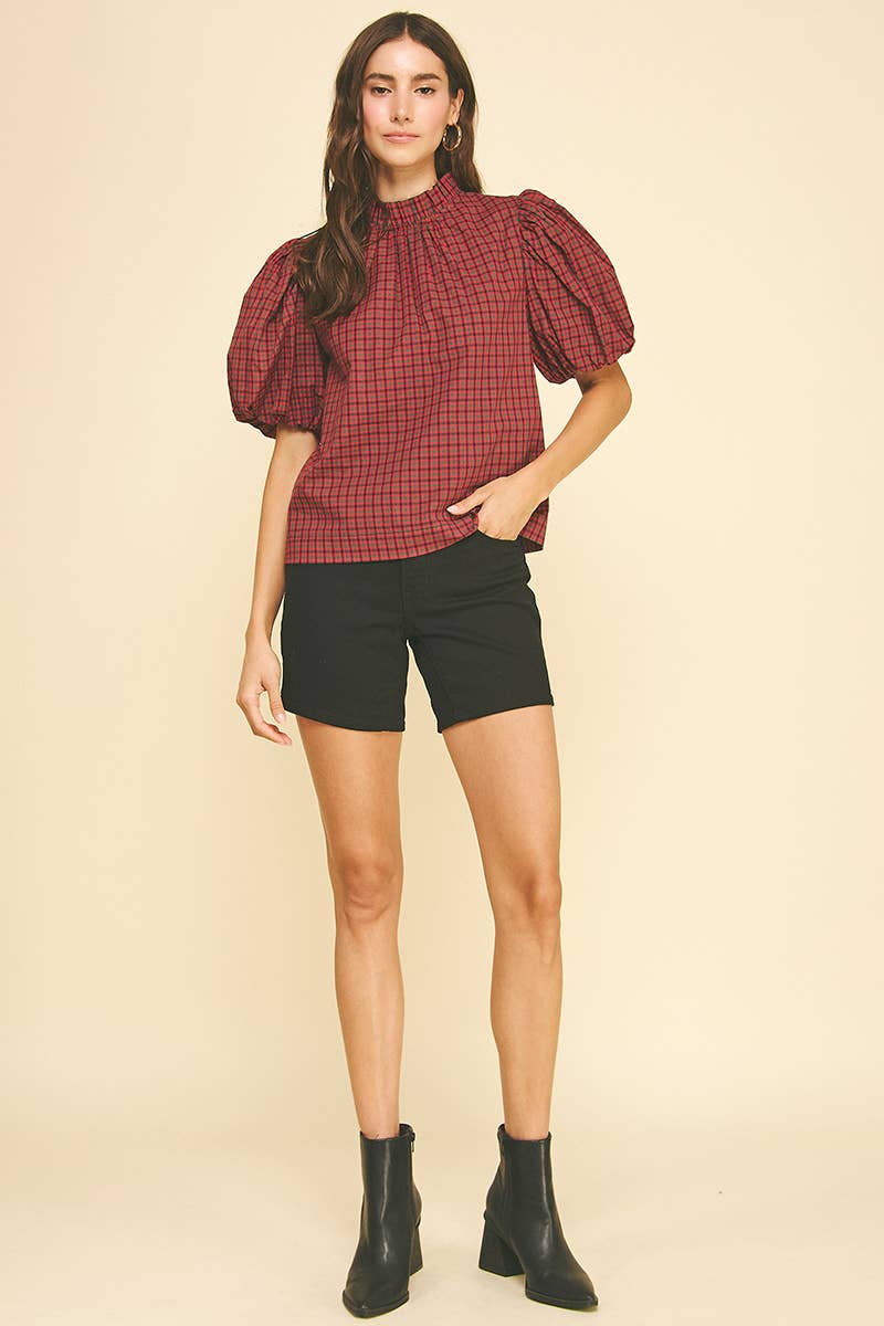 PLAID RUFFLED MOCK NECK BLOUSE