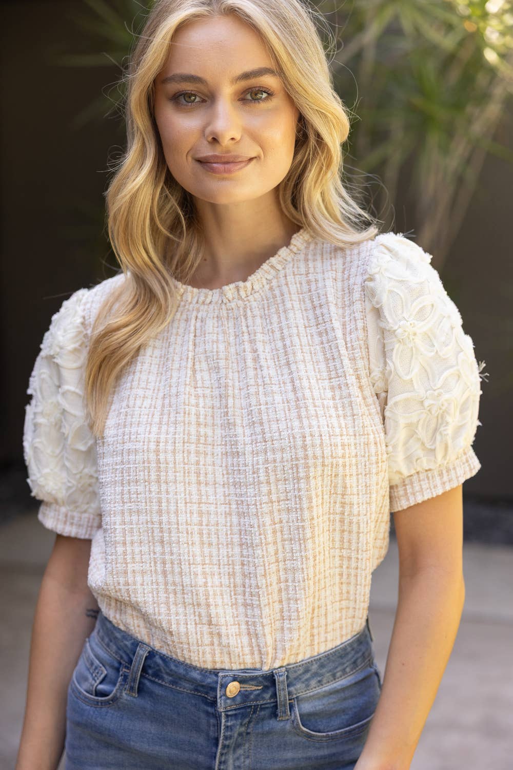 Floral Lace Sleeve Tweed Top