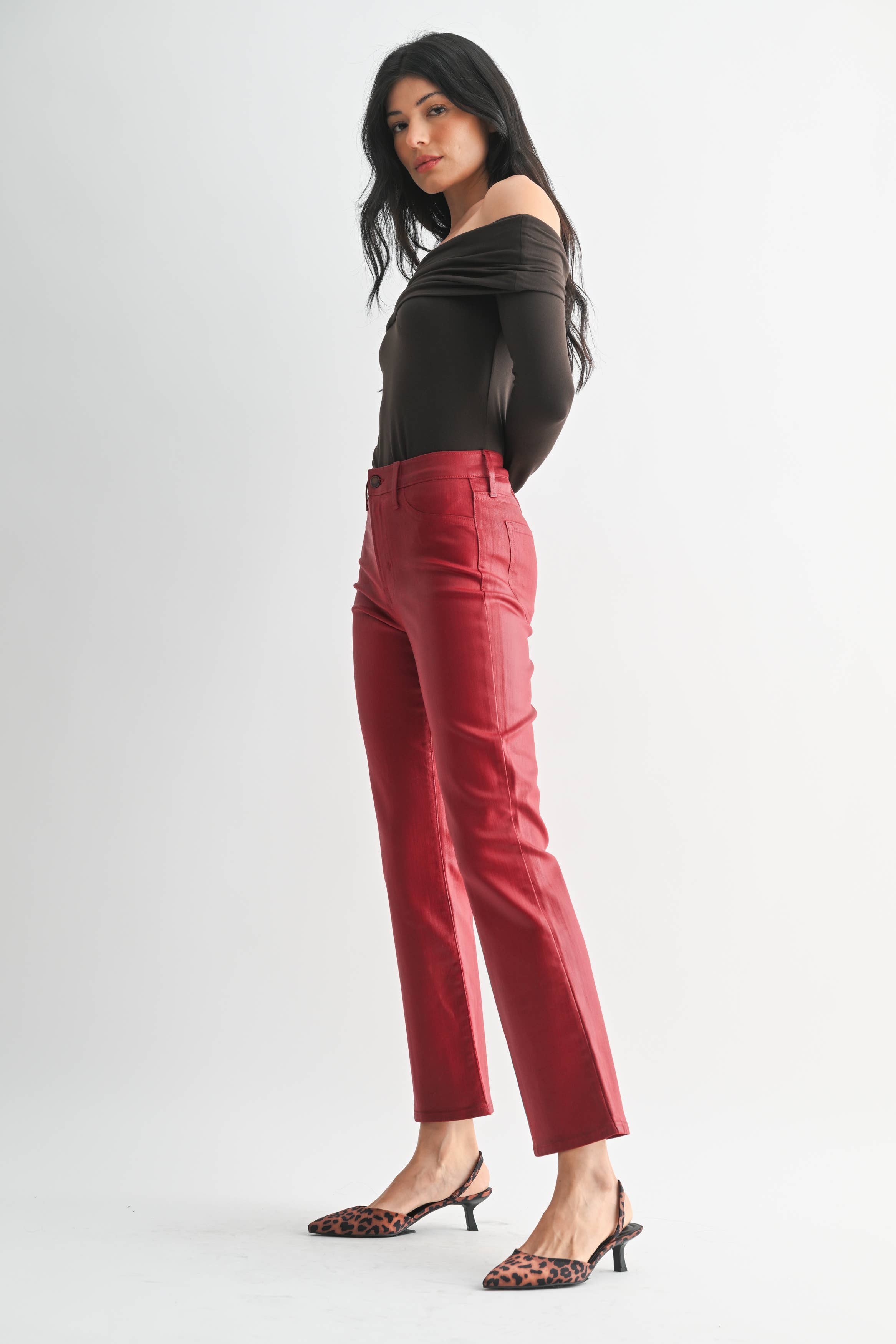 COATED BURGUNDY Slim Cropped Bootcut