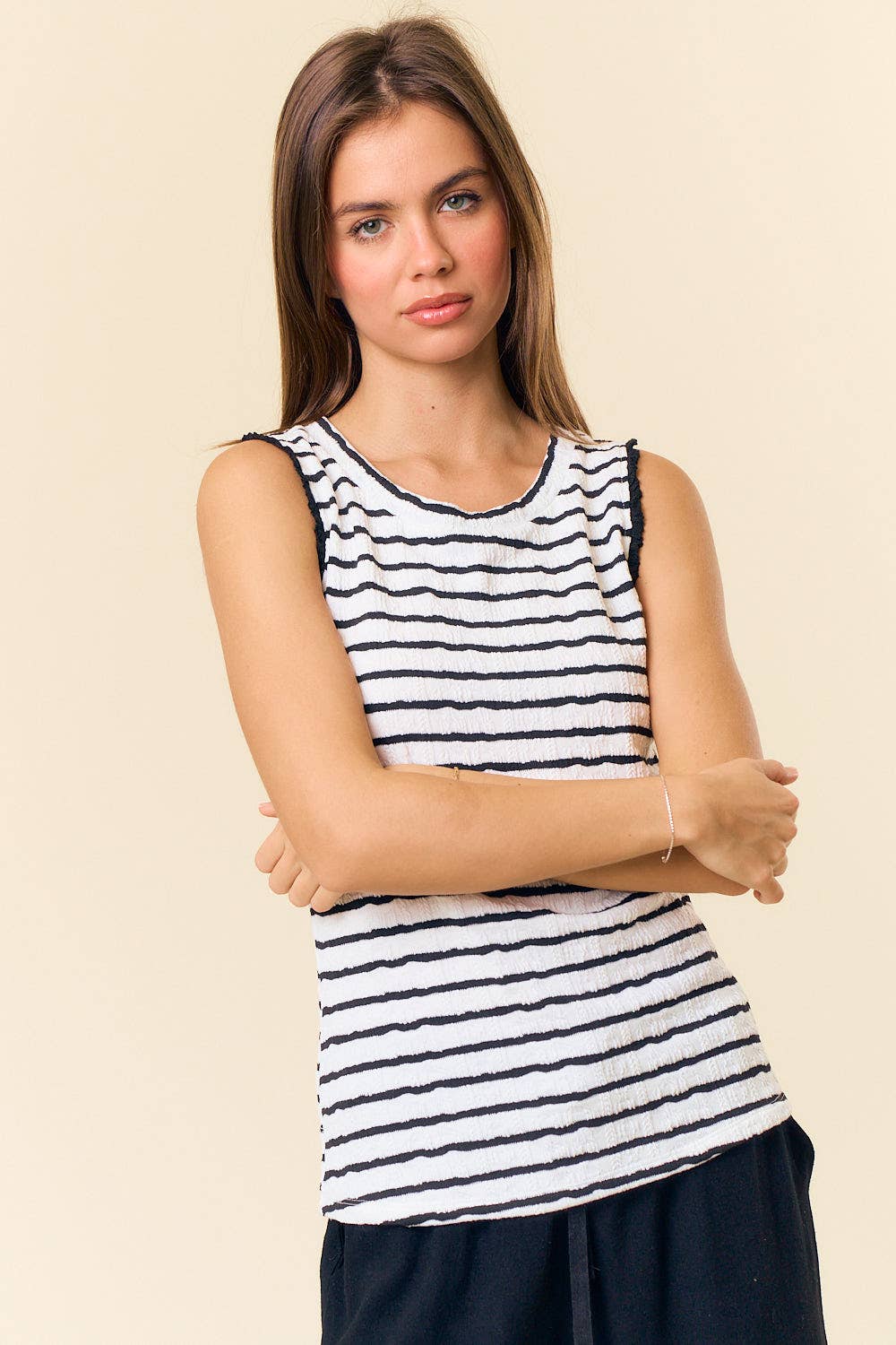 TEXTURED STRIPE RUFFLE TANK TOP