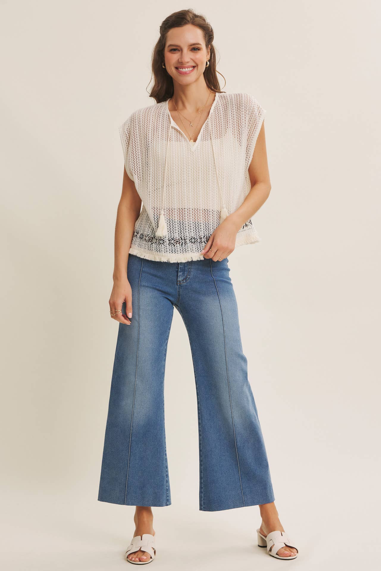 PINTUCK ANKLE LENGTH WIDE-LEG DENIM PANTS