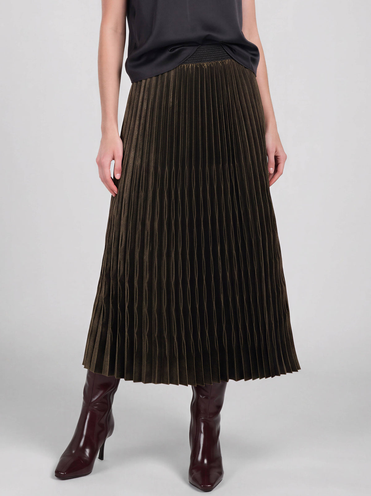 Metallic Pleated Midi Skirt