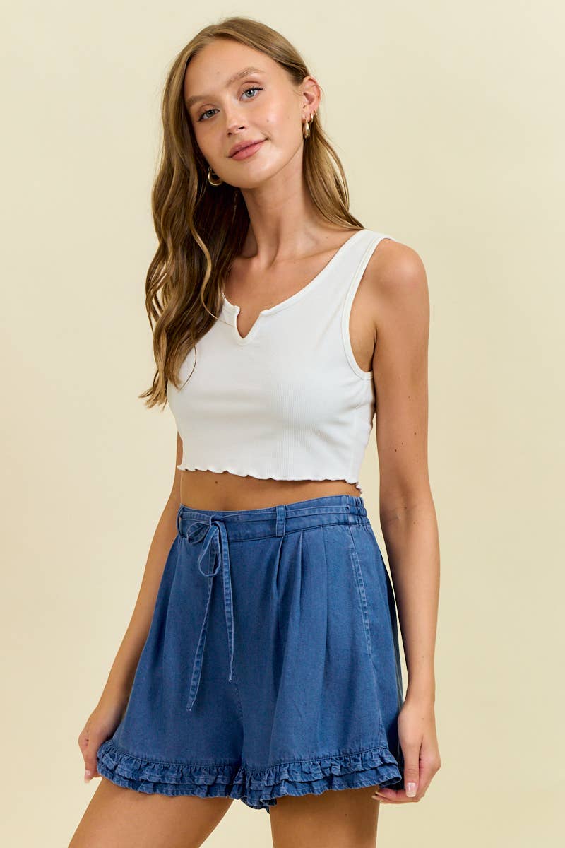 TENCEL RUFFLE SHORTS WITH SMOCKING WAIST
