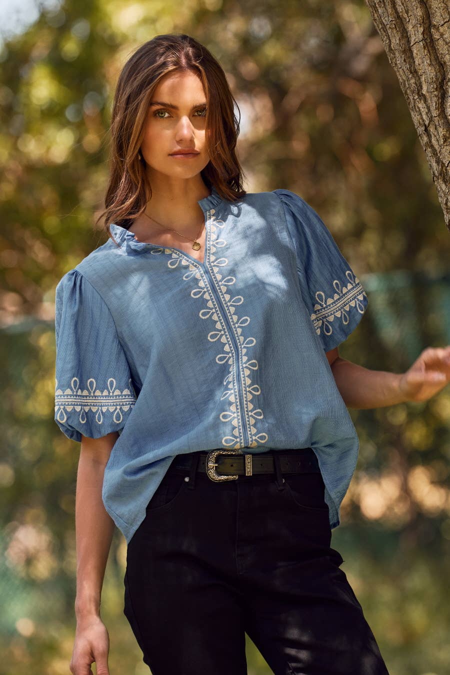 Embroidered Bubble Sleeve Blouse