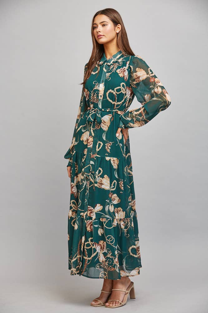 FLORAL/CHAIN PRINT CHIFFON DRESS