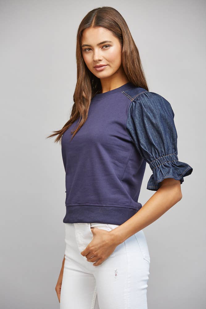 DENIM PUFF SLEEVE SWEATSHIRT