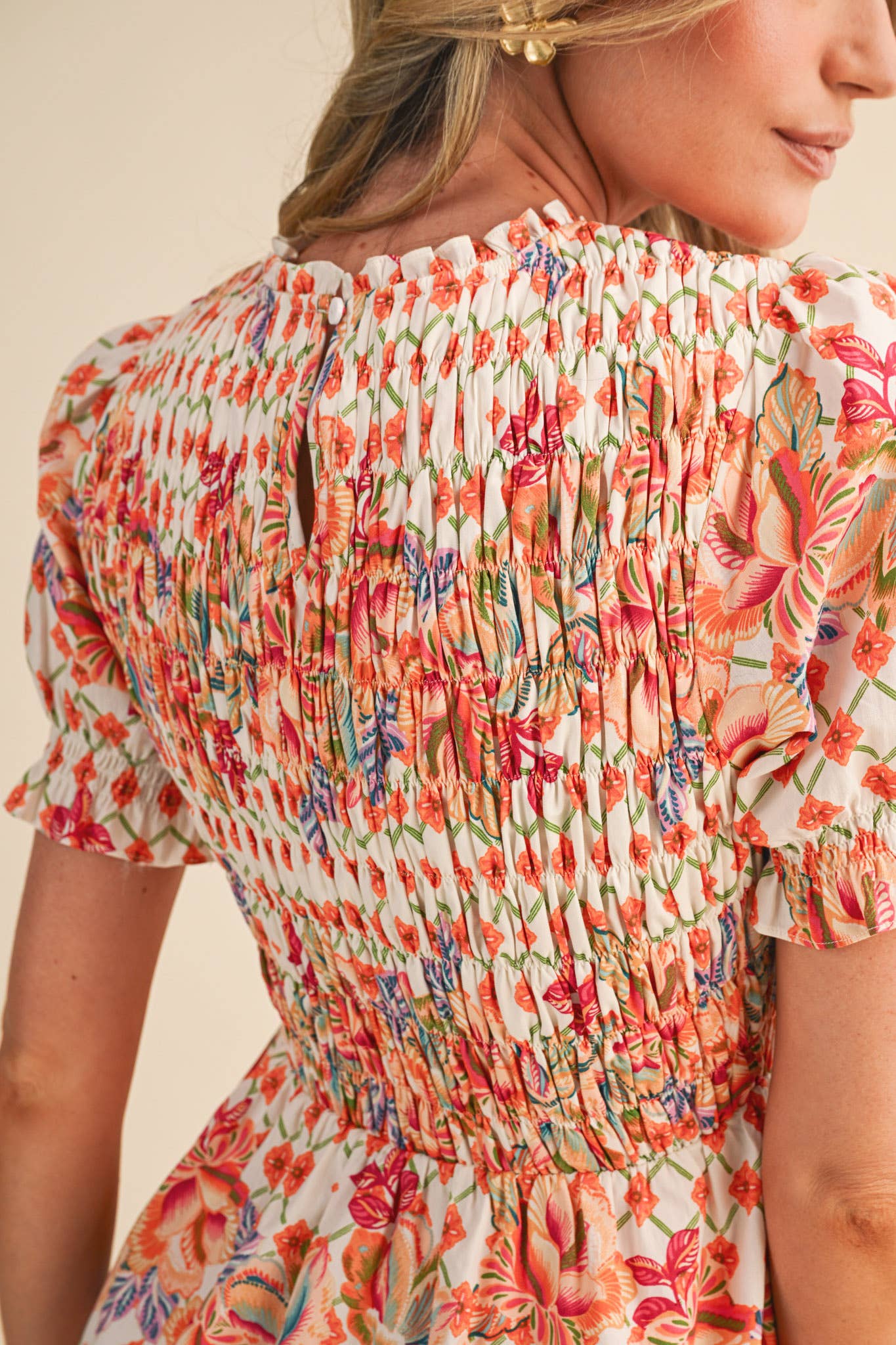 FLORAL PRINT SMOCKED MINI DRESS