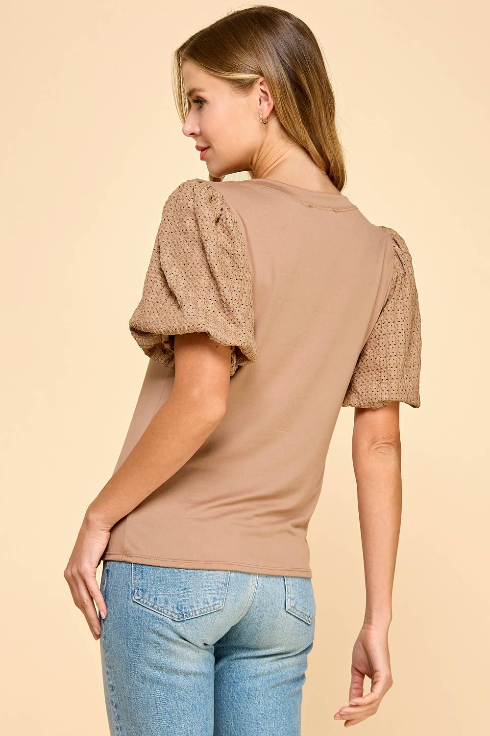 Solid Top with Contrast Puffed Sleeves