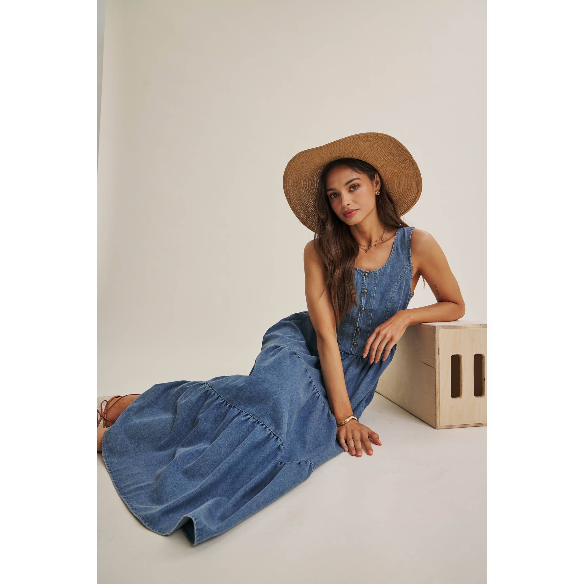 DENIM TIERED MIDI DRESS