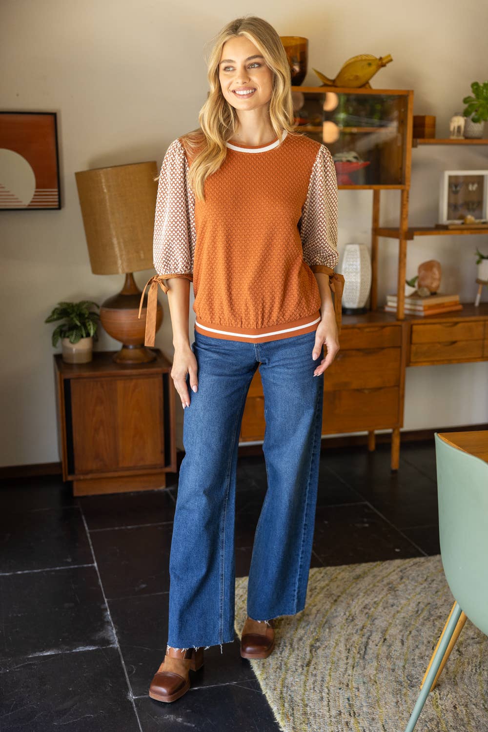 Textured Knit Bow Tie Sleeve Top
