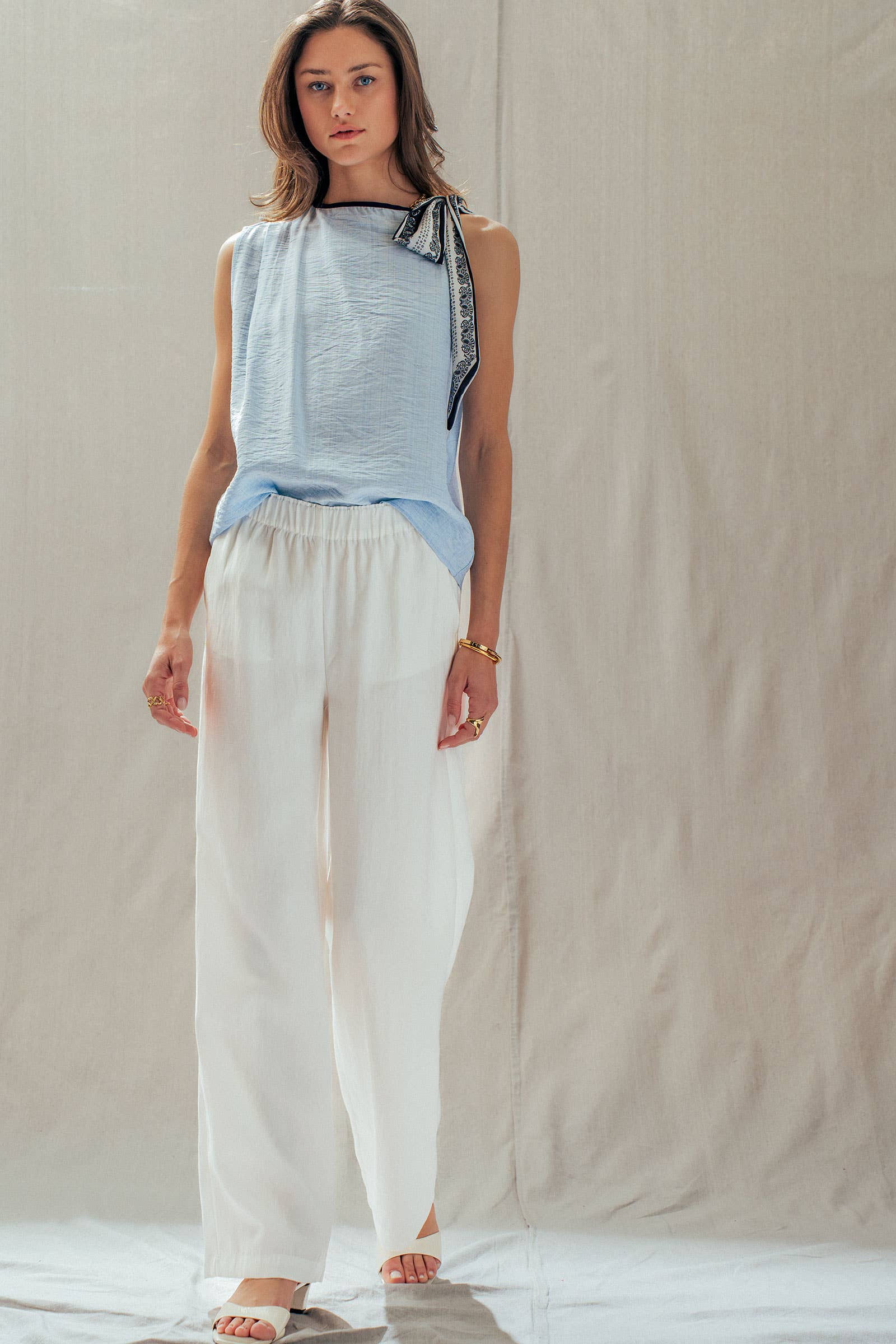 Paisley Scarf Tie Shoulder Linen Blend Top