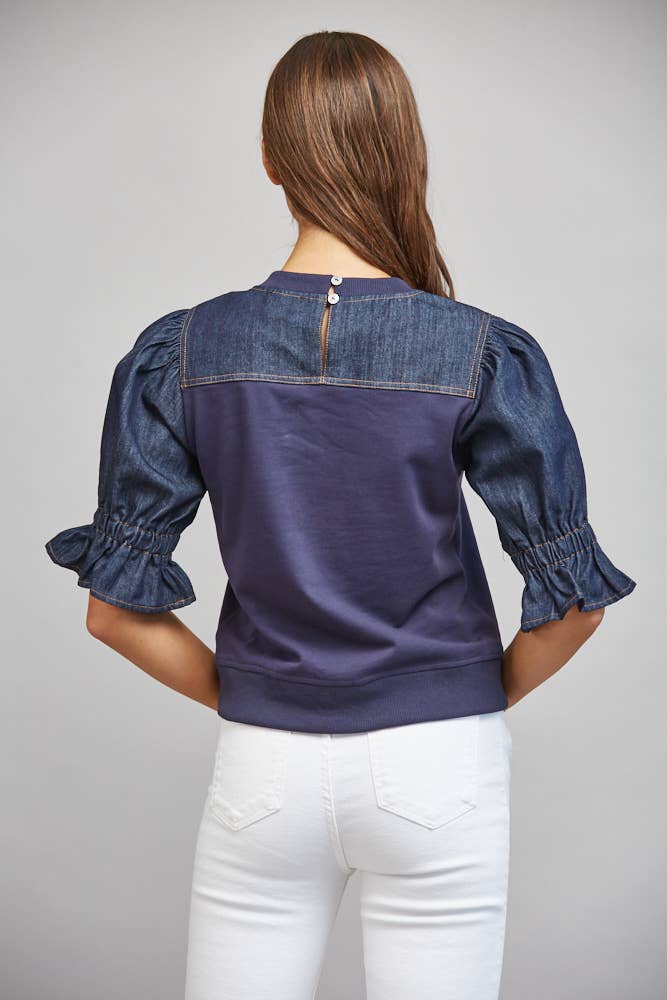 DENIM PUFF SLEEVE SWEATSHIRT