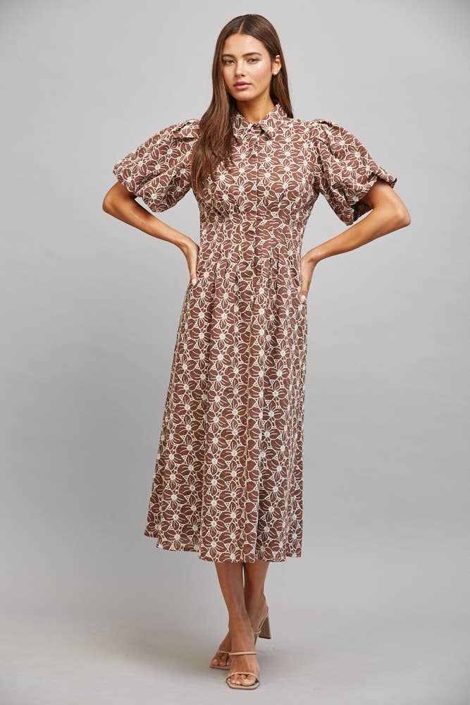 FLORAL EYELET MIDI DRESS