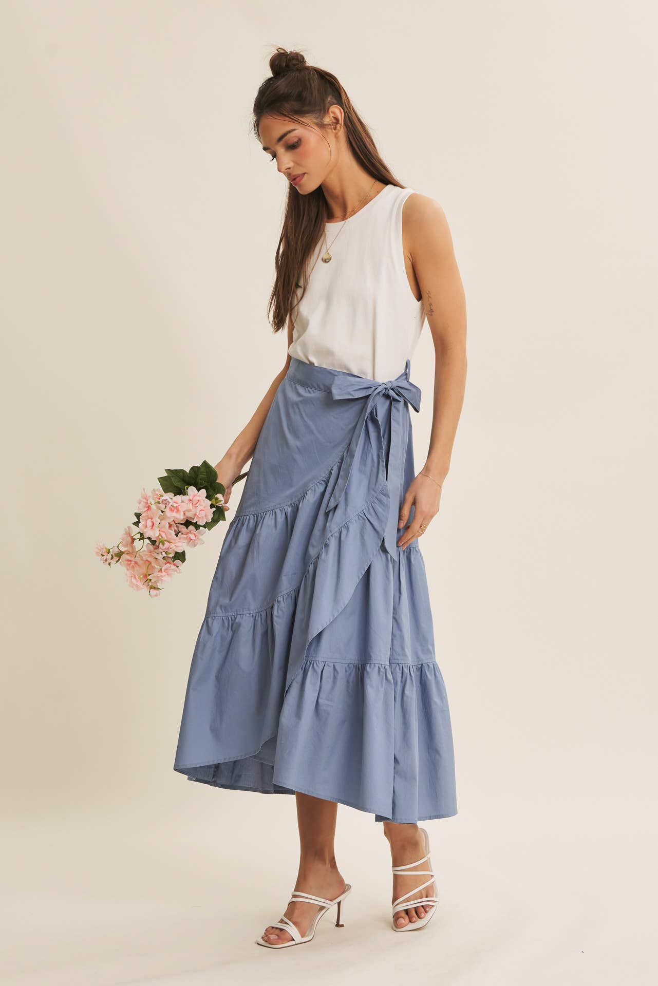 TIERED WRAP MIDI DRESS