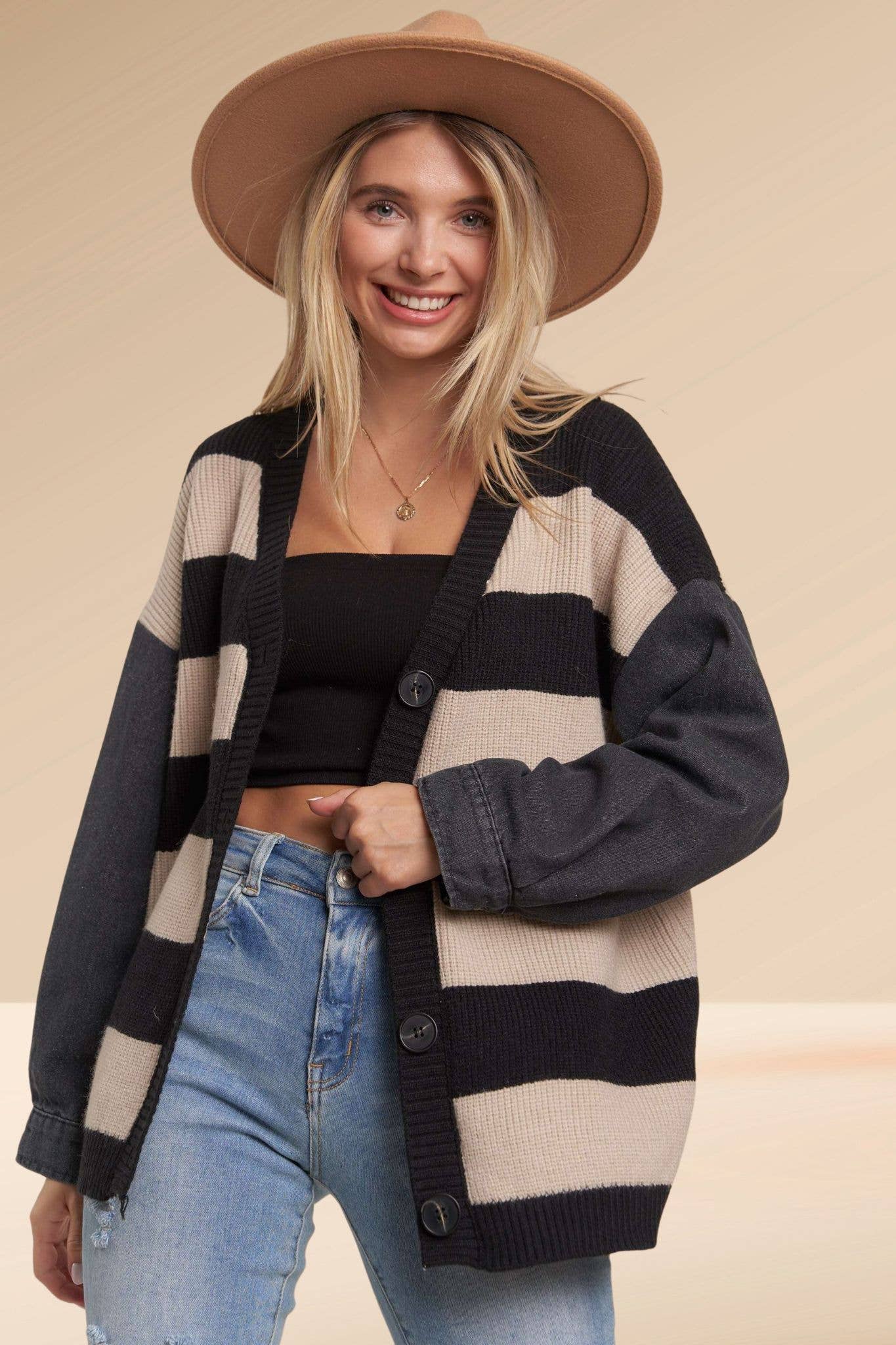 DENIM SLEEVE STRIPE CARDIGAN