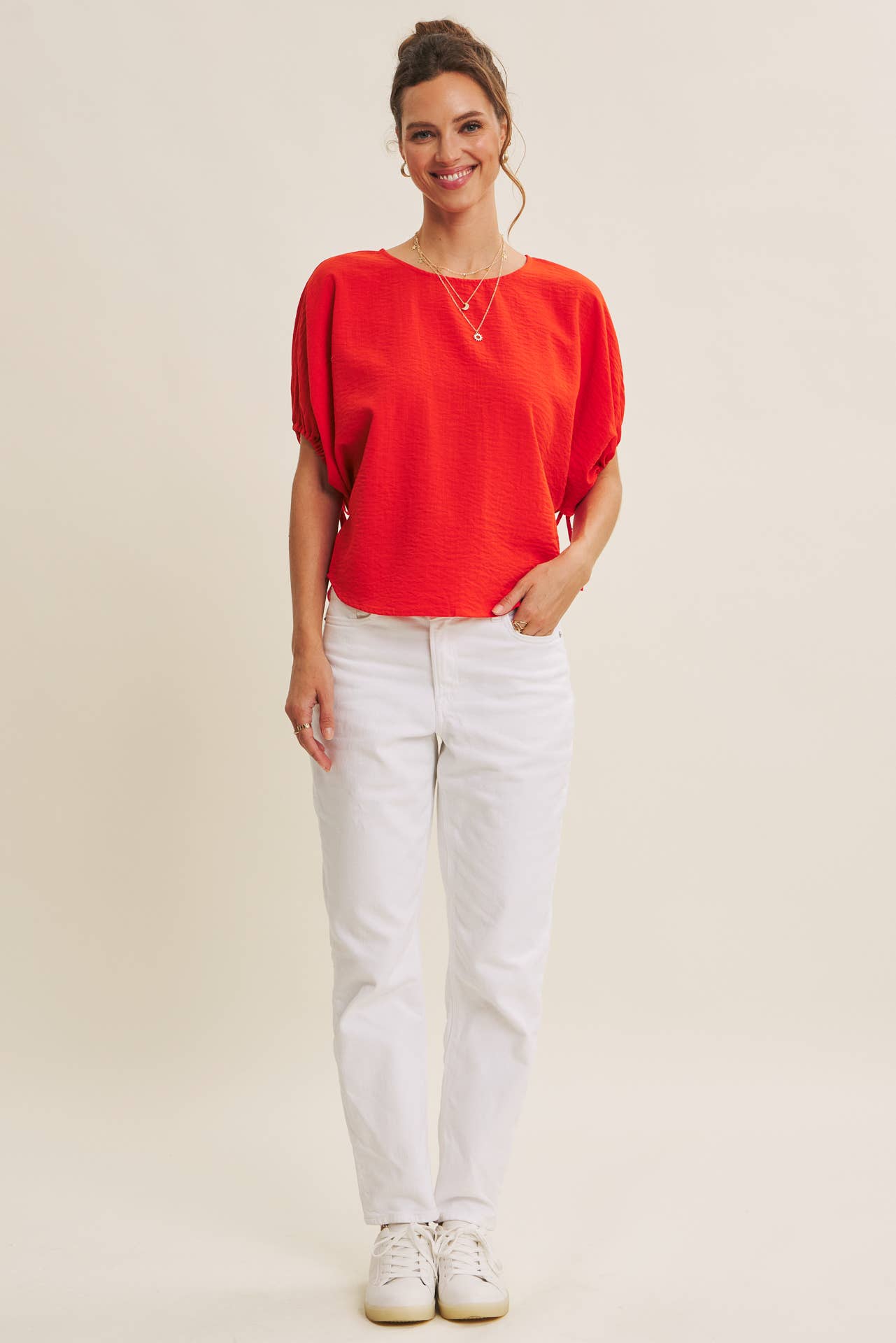 BLOUSE WITH RUCHED DOLMAN SLEEVES