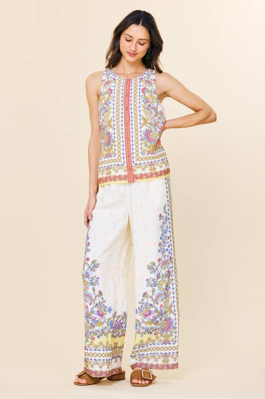 Border Print Wide Leg Pants