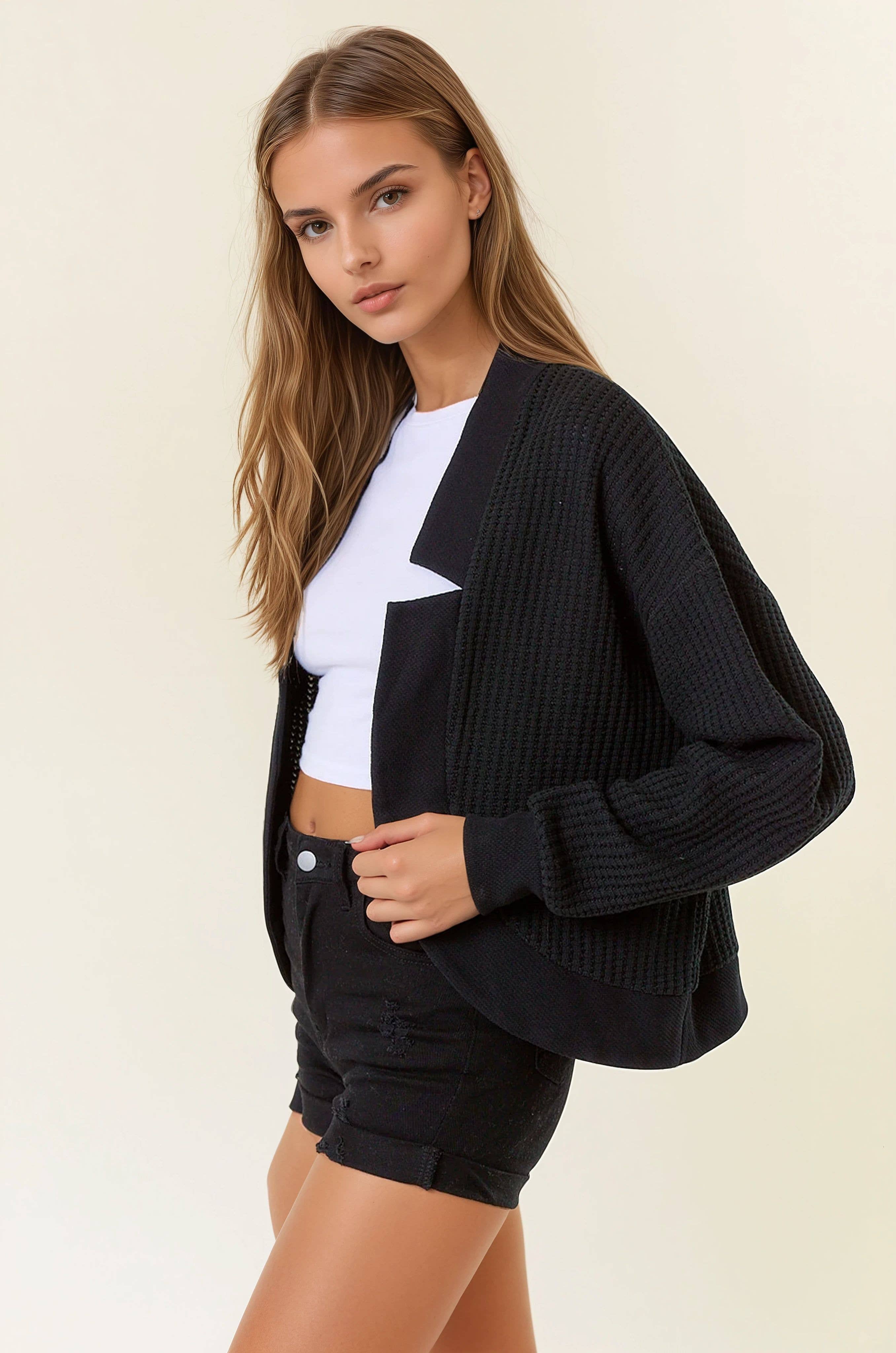 Cotton Waffle Knit Puff Sleeve Cardigan