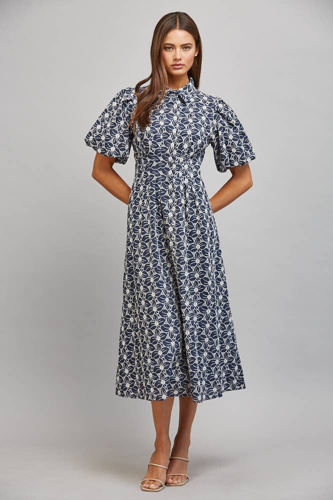 FLORAL EYELET MIDI DRESS