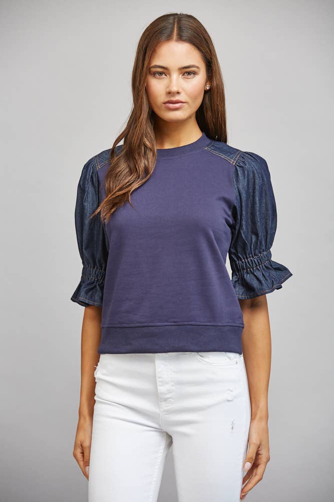 DENIM PUFF SLEEVE SWEATSHIRT