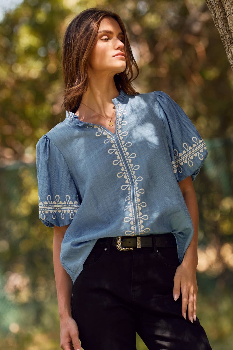 Embroidered Bubble Sleeve Blouse