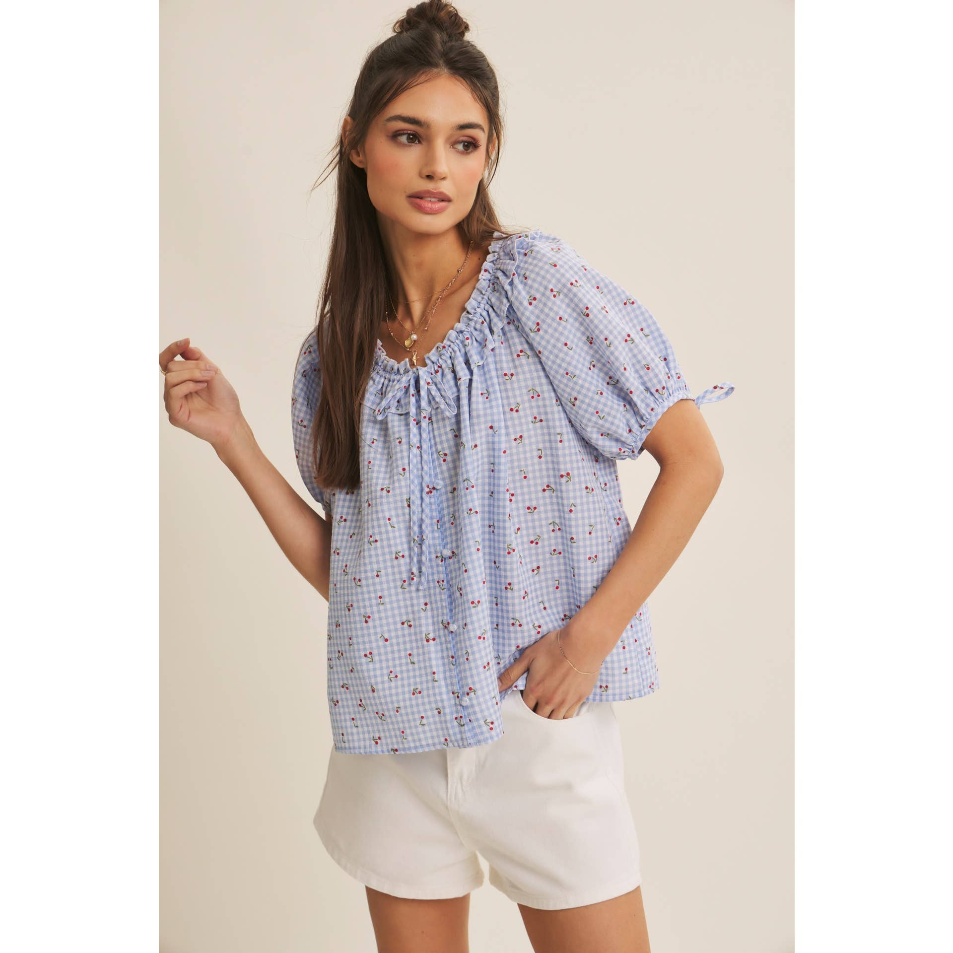CHERRY GINGHAM RUFFLED BLOUSE