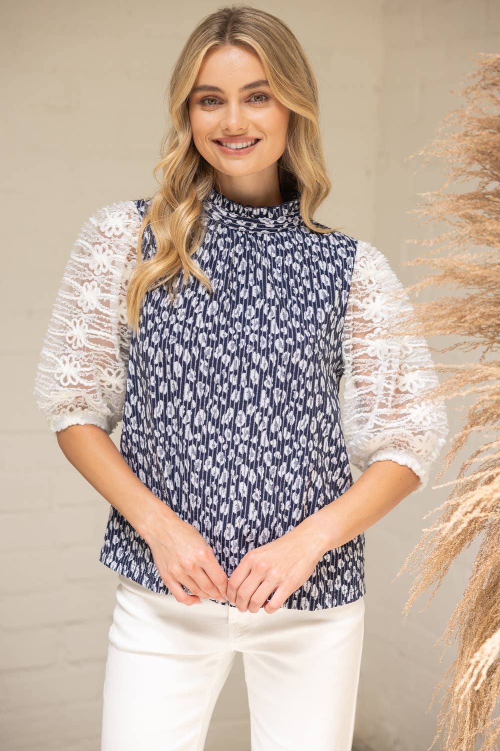 Lace Sleeve Animal Print Top