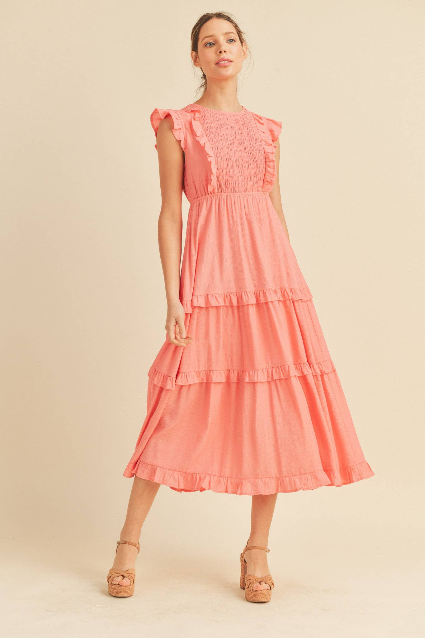 SMOCKED RUFFLED MIDI DRESS