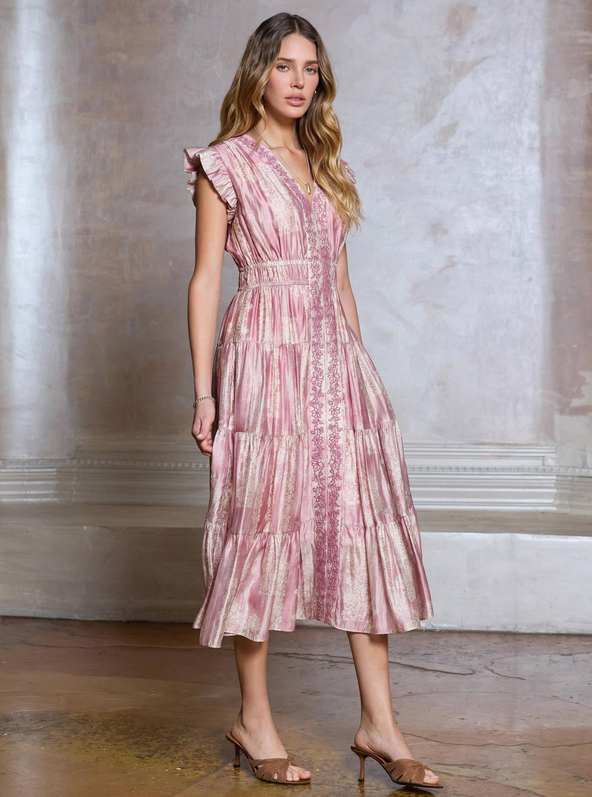 Embroidered Tiered Midi Dress