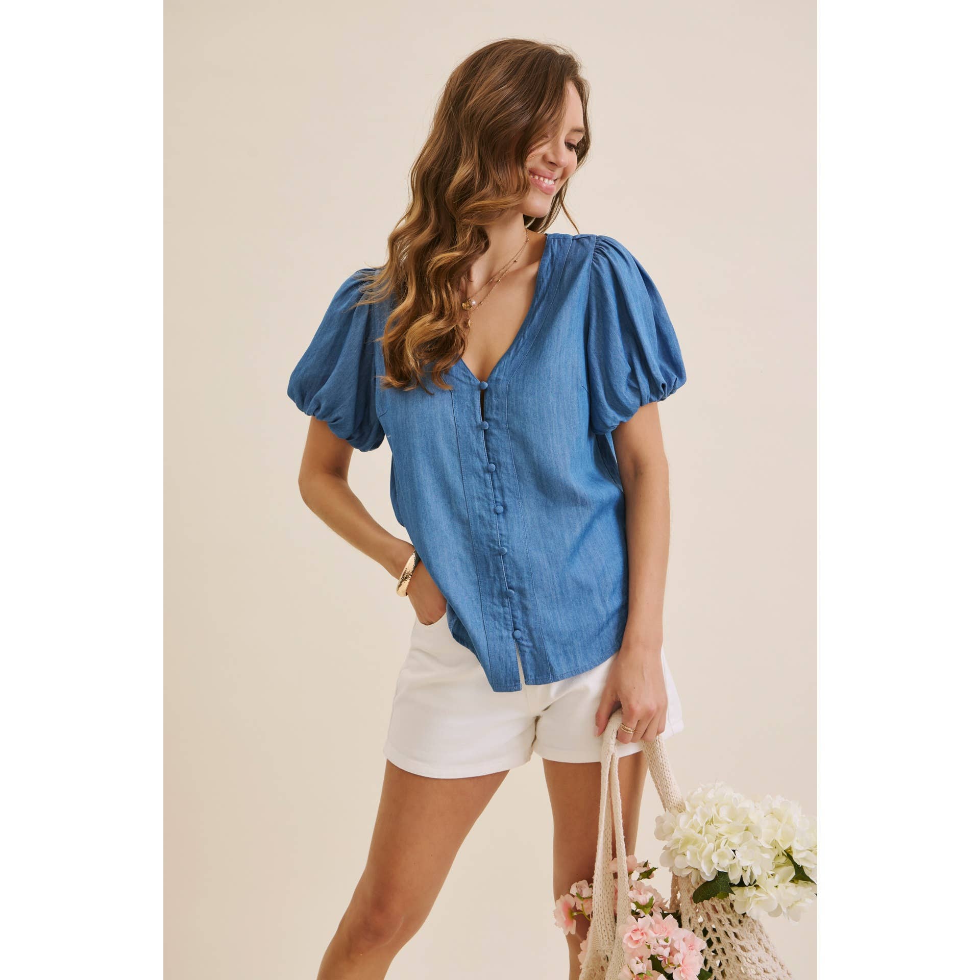 DENIM BUBBLE-SLEEVES TOP