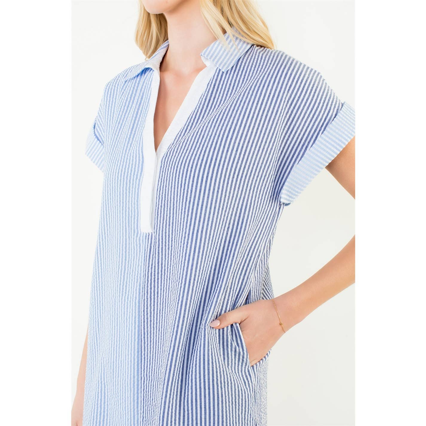 Short Sleeve Striped V-Neck Dress